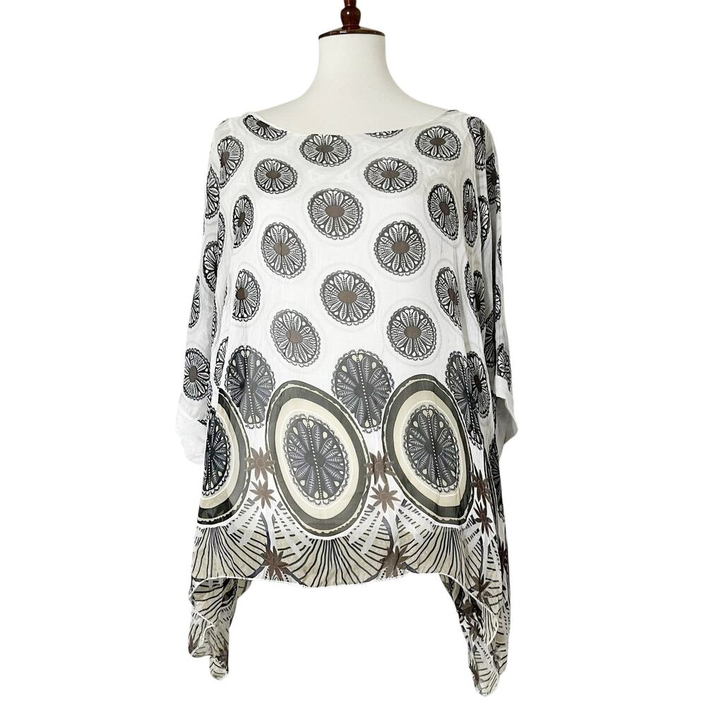 Meo Meli Women's White Black Abstract Print High-Low Tunic Blouse Top Size Small
